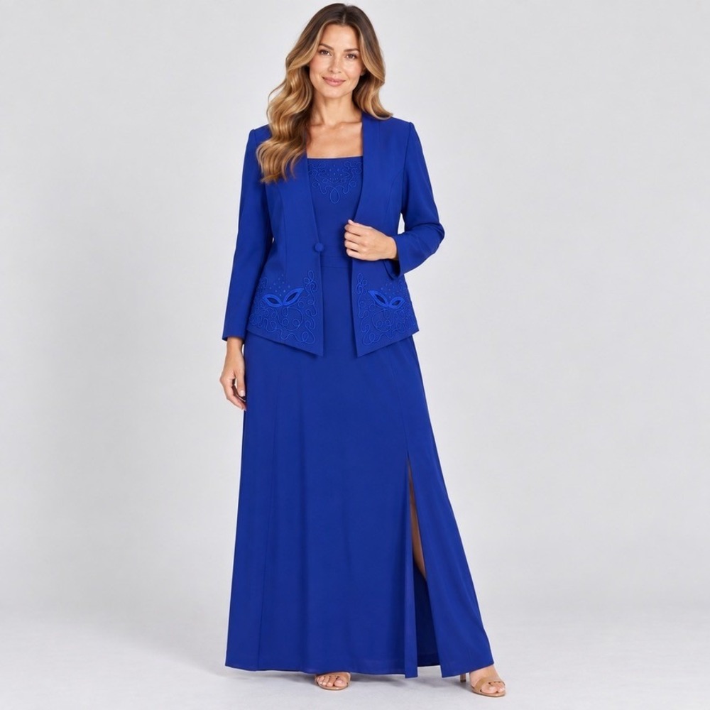 Nu Mode Womens 11/12 Blue 2-Piece Dress Set Embroidered Blazer Maxi Slit Vintage